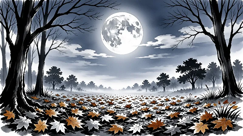 A painted forest floor covered in silver and orange maple leaves beneath a large glowing full moon and bare dark trees.