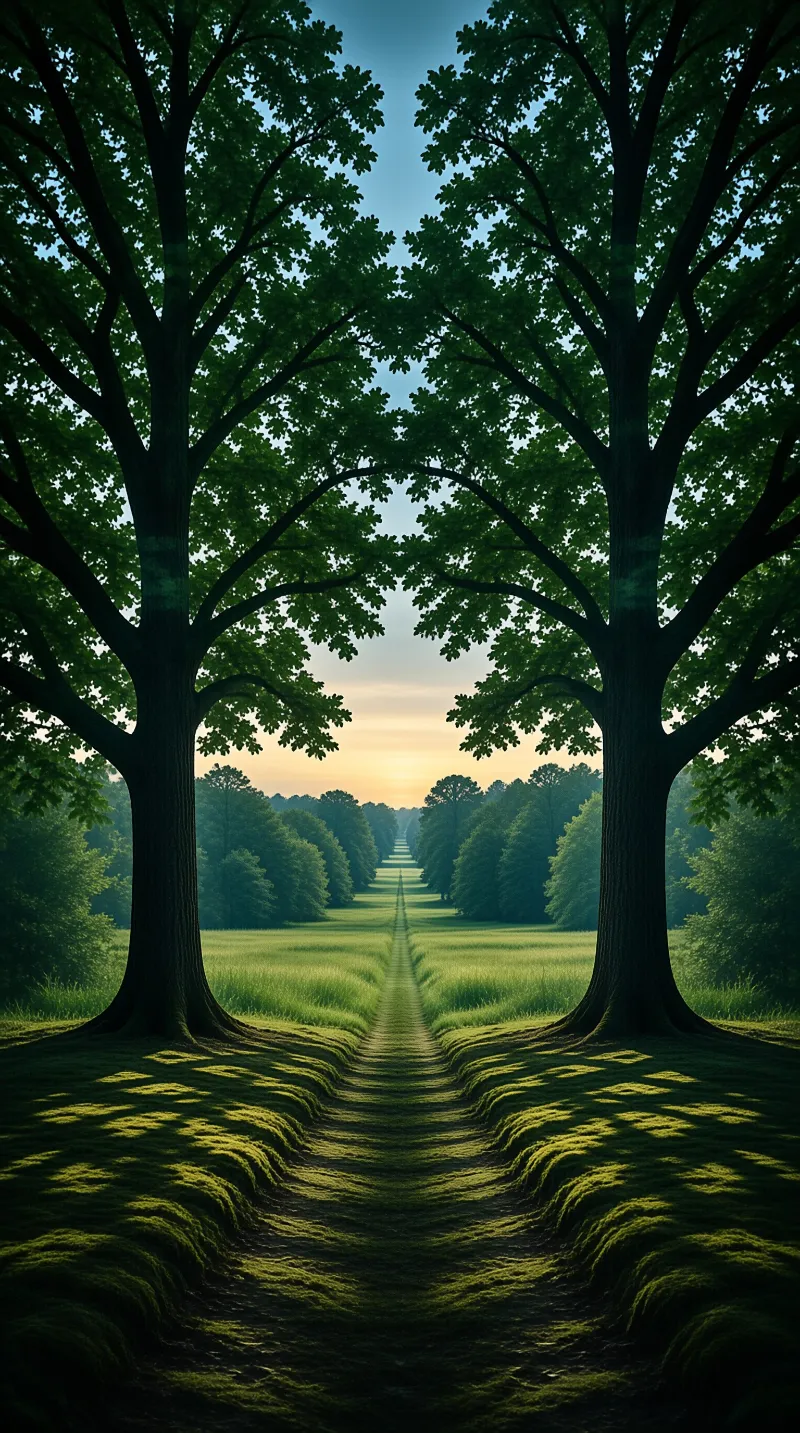 Two large trees frame a long straight path leading to a sunset with golden light shining through the leaves.