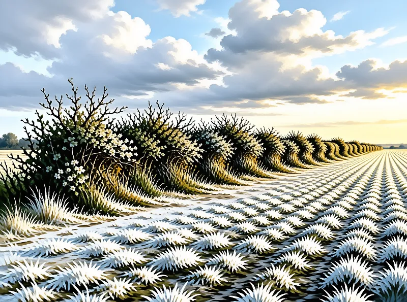 A stylized painting shows a blossoming hedgerow beside neat rows of spiky white plants under a bright clouded sky.