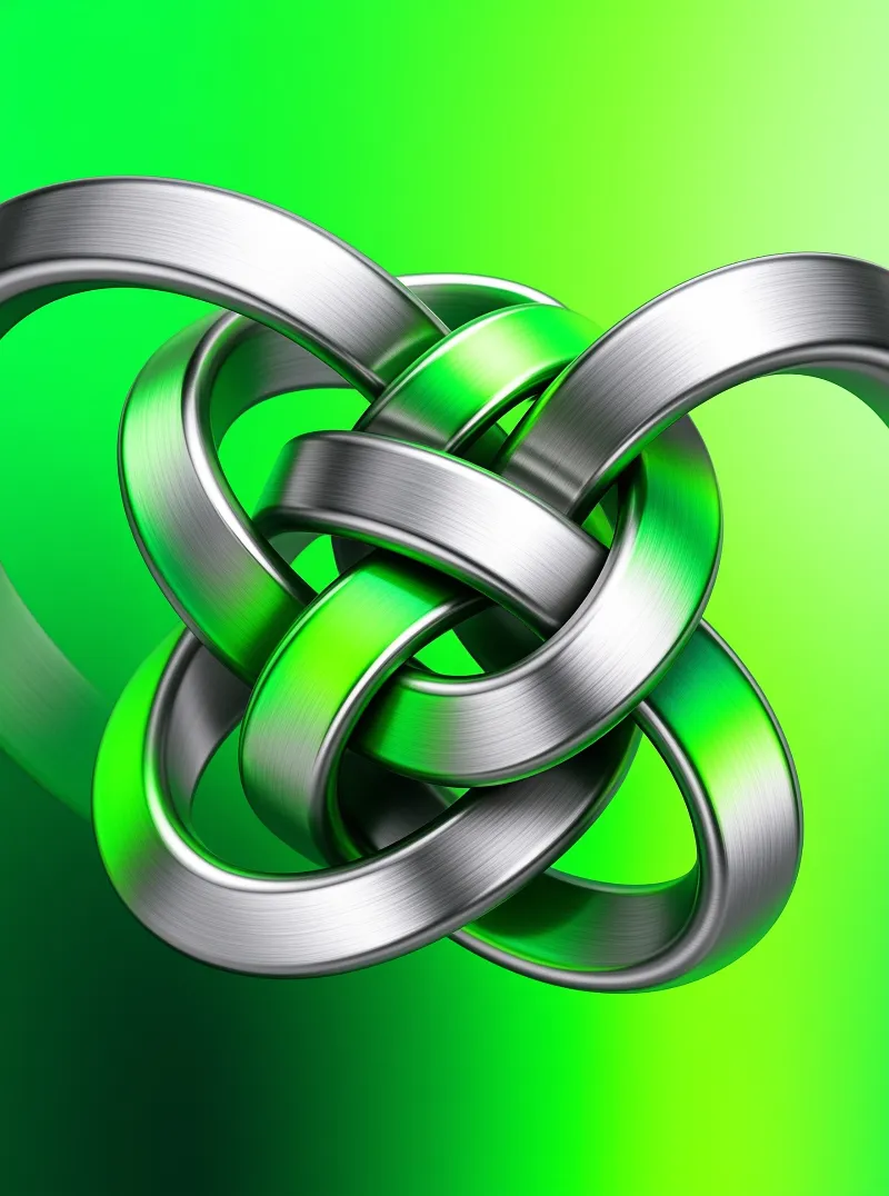 Tangled brushed silver interlocked rings sit against a bright lime green gradient background that glows softly around them.