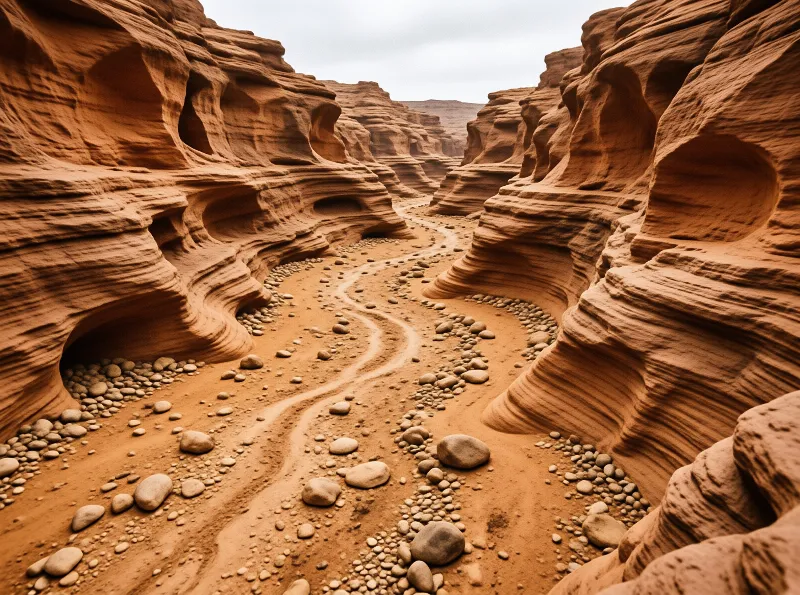 A long winding trail of smooth stones curves through tall red rock formations under a cloudy sky.