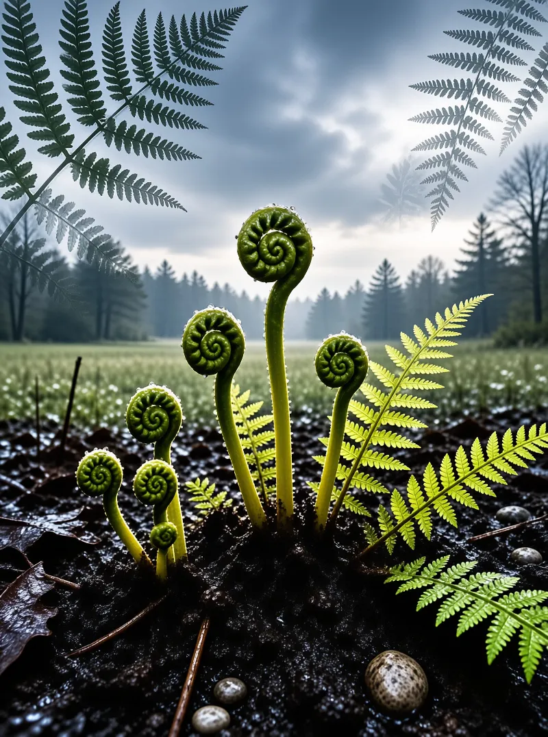 Bright green fern fiddleheads curl upward from dark moist soil near a misty treeline and cloudy sky.