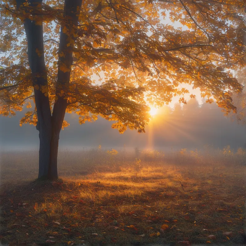 A large tree with vibrant orange leaves stands in a foggy field as the morning sun shines through the mist