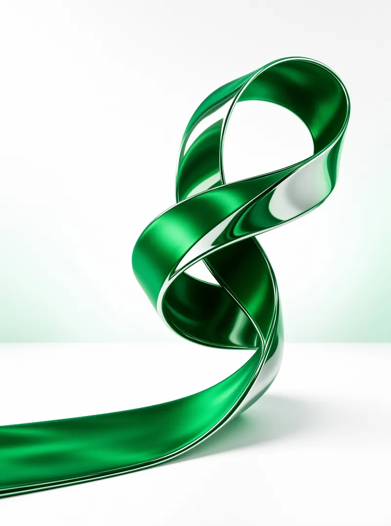 A shiny green ribbon forms a twisted knot shape in a bright white studio setting.
