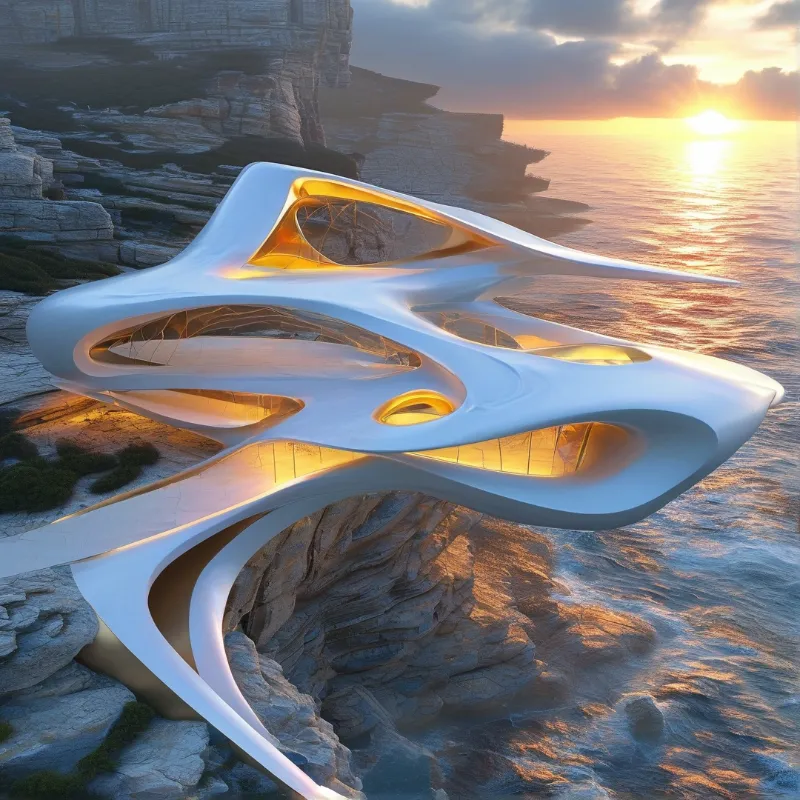 A white sculptural structure with organic openings glows amber above waves and dark cliffs beneath a low sun