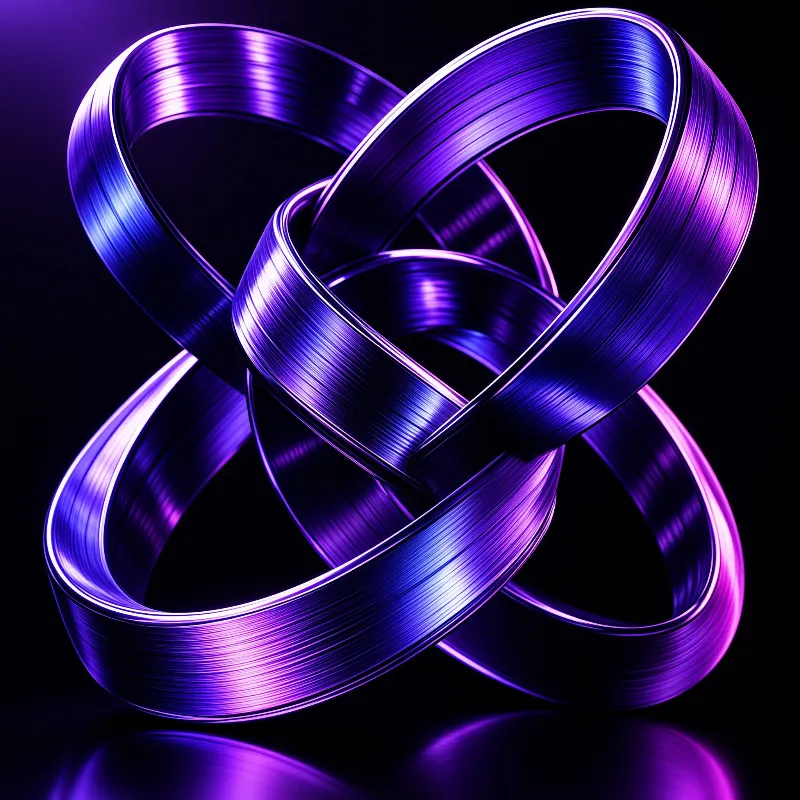 A twisted shiny purple ribbon forms an infinite loop shape suspended in darkness with bright highlights.