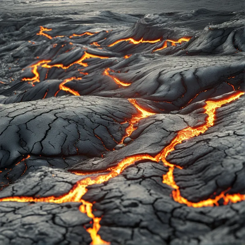 Molten orange lava threads through cracked black basalt across a volcanic field fading into grey haze.