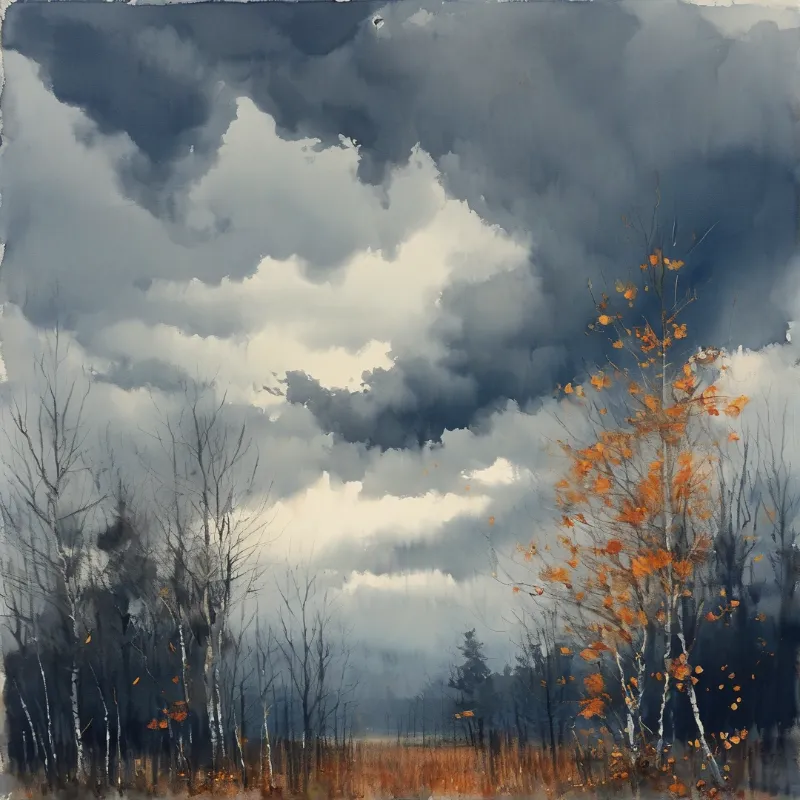 Painted autumn birch grove stands beneath moody overcast sky, remaining orange leaves contrast with bare grey trunks and cool blue tones