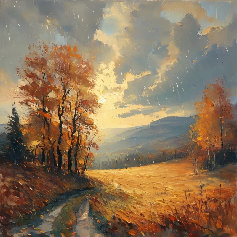 A winding dirt road leads through orange grass bordered by autumn trees while sunlight breaks through clouds above hills.
