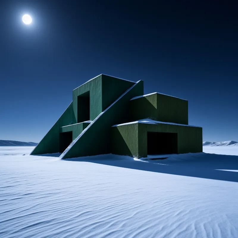 Angular emerald structures cast long shadows across a wind rippled snowfield beneath a bright winter moon