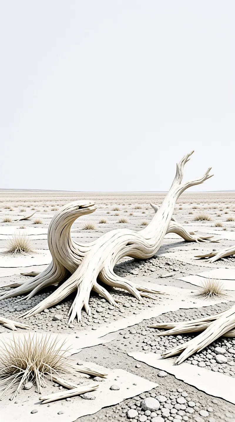 A twisted pale wood formation resembling a snake rests on cracked earth amidst scattered dry grass tufts.