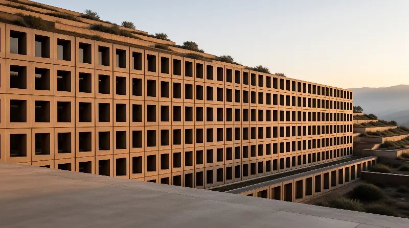 A large building with a repeating square grid pattern rests on a sloped hillside with green terraces under warm sunlight.