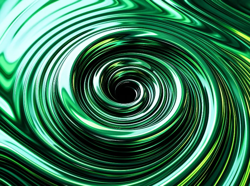A hypnotic green vortex spirals inward with glossy highlights creating depth