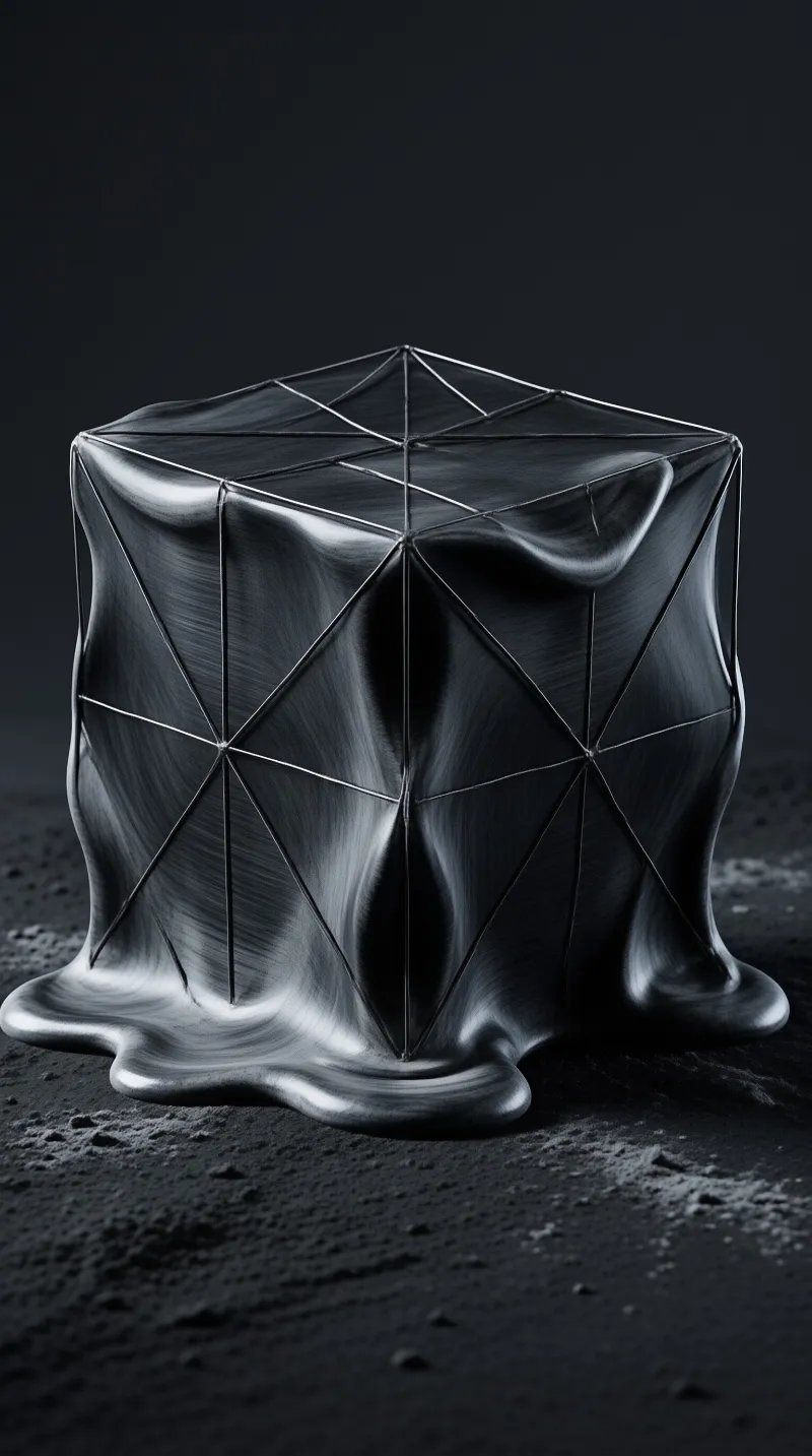 A glossy black cube melts into soft folds over a wireframe grid, resting on a bed of dark sand.