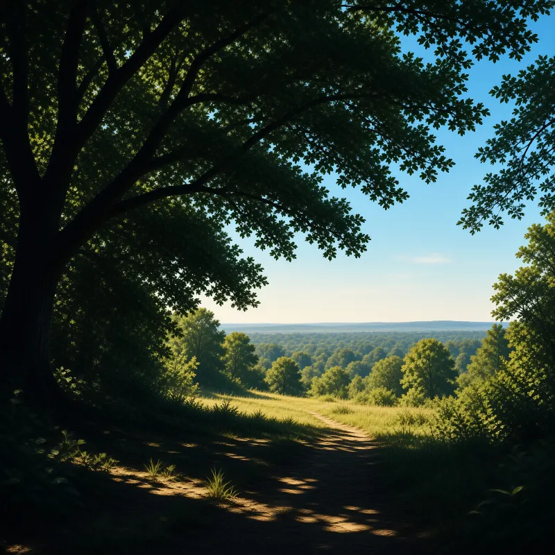A dirt path winds from dark shade under large trees into a bright sunlit valley filled with green foliage.