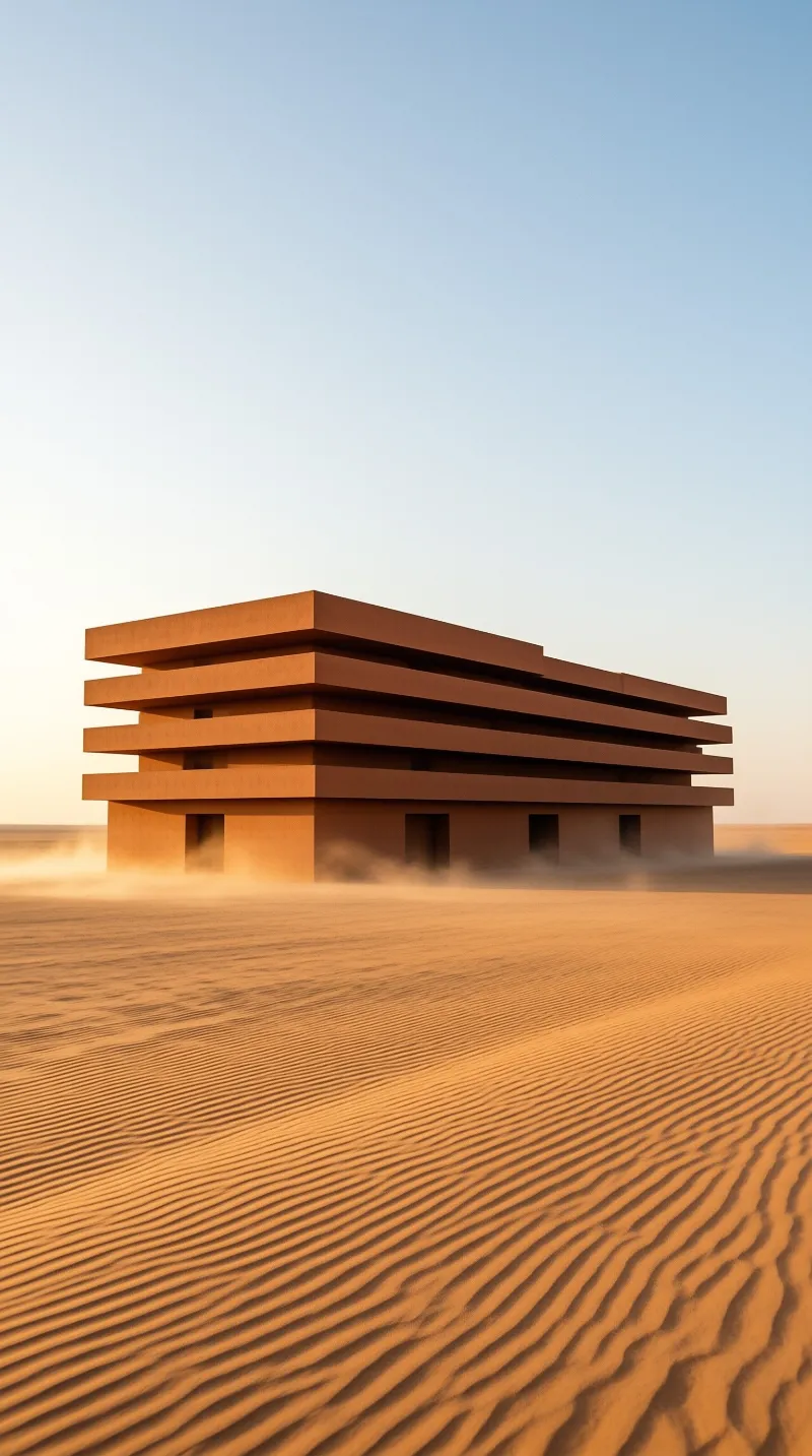 A reddish brown stacked slab building stands in rippled desert sand with dust haze at its base under a pale sky.