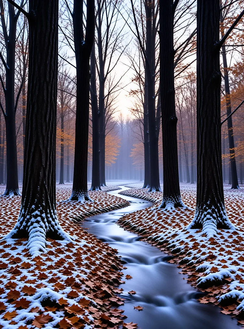 A smooth water stream winds between tall dark trees covered in orange leaves and fresh snow under a foggy sky.