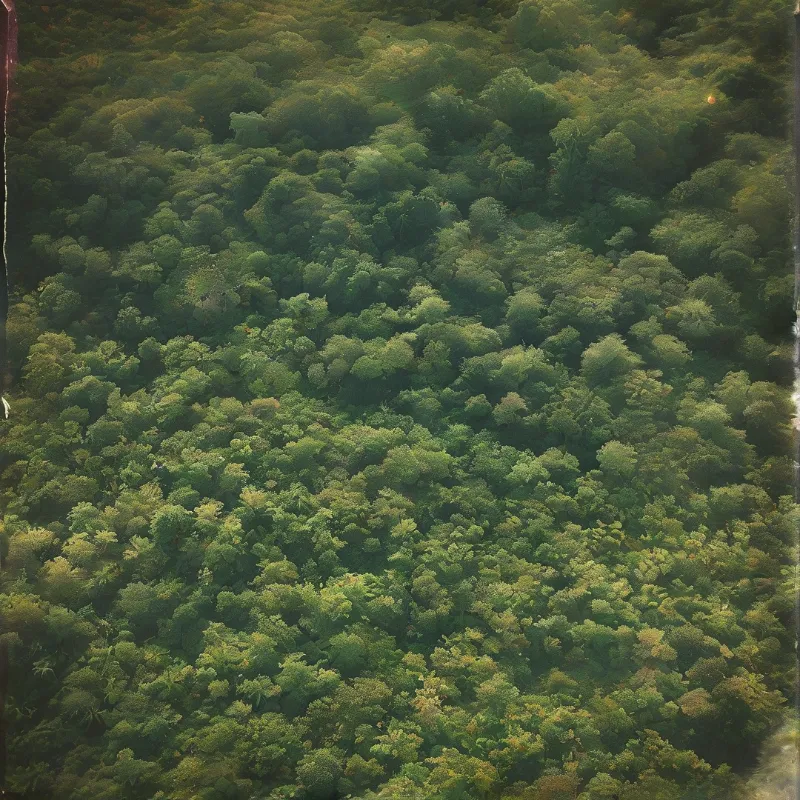 High angle view of dense green tree canopy with sunlight highlighting the textured foliage across the landscape.