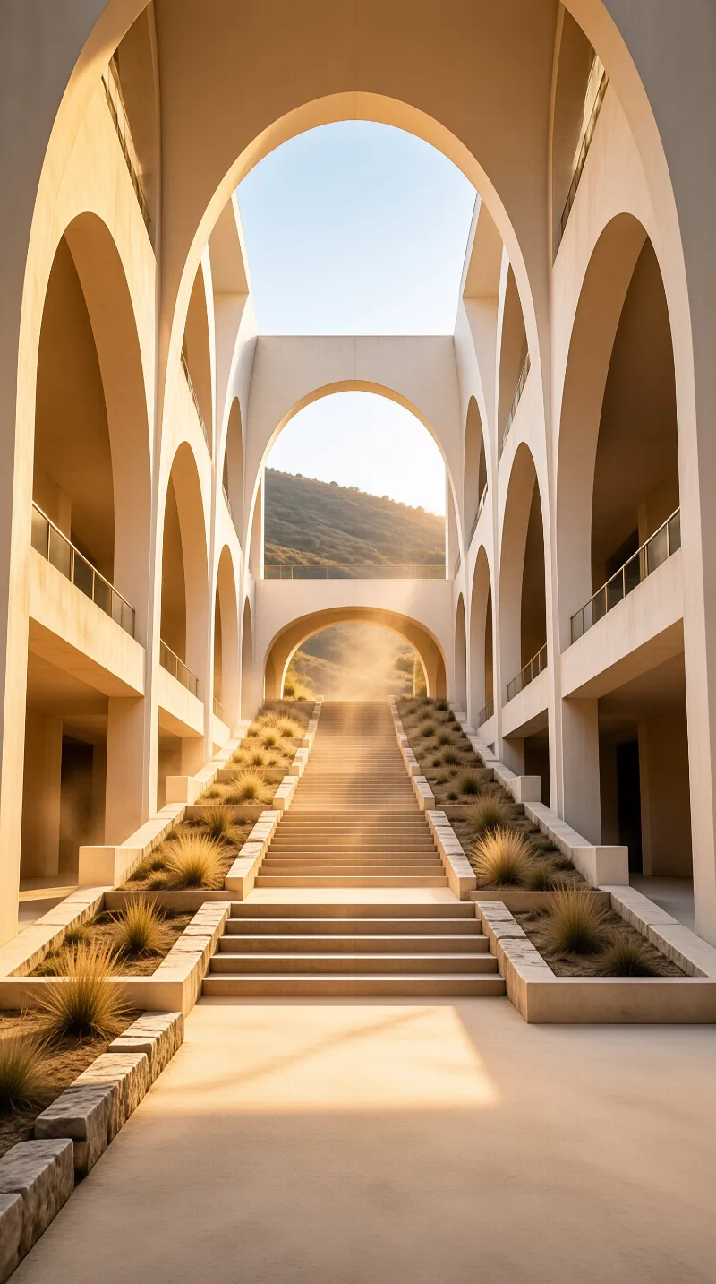 A central staircase flanked by planters leads upward through large white arches towards a bright hillside.