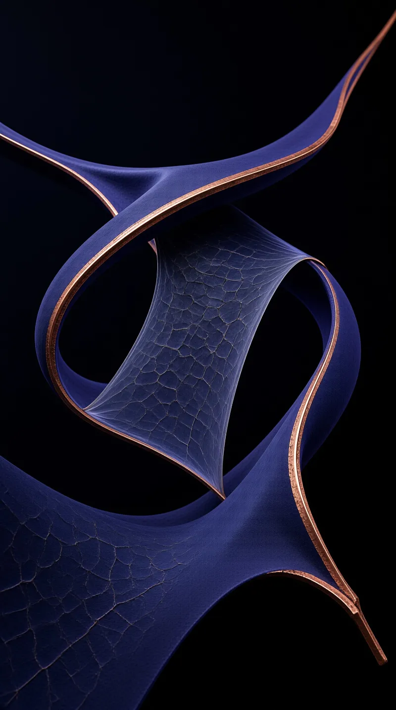 A blue sculptural ribbon twists against a black background revealing copper edges and a cracked texture across its surface.