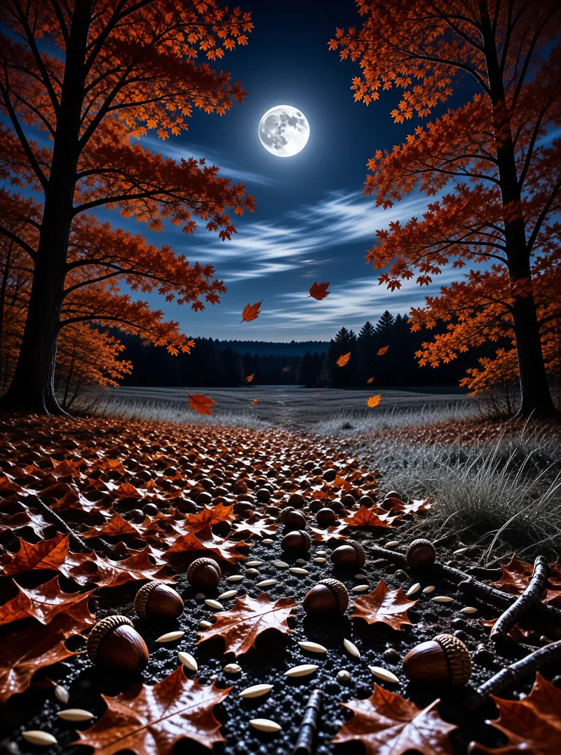 Vibrant orange foliage frames a dark path while a luminous moon illuminates the ground covered in nuts and petals.