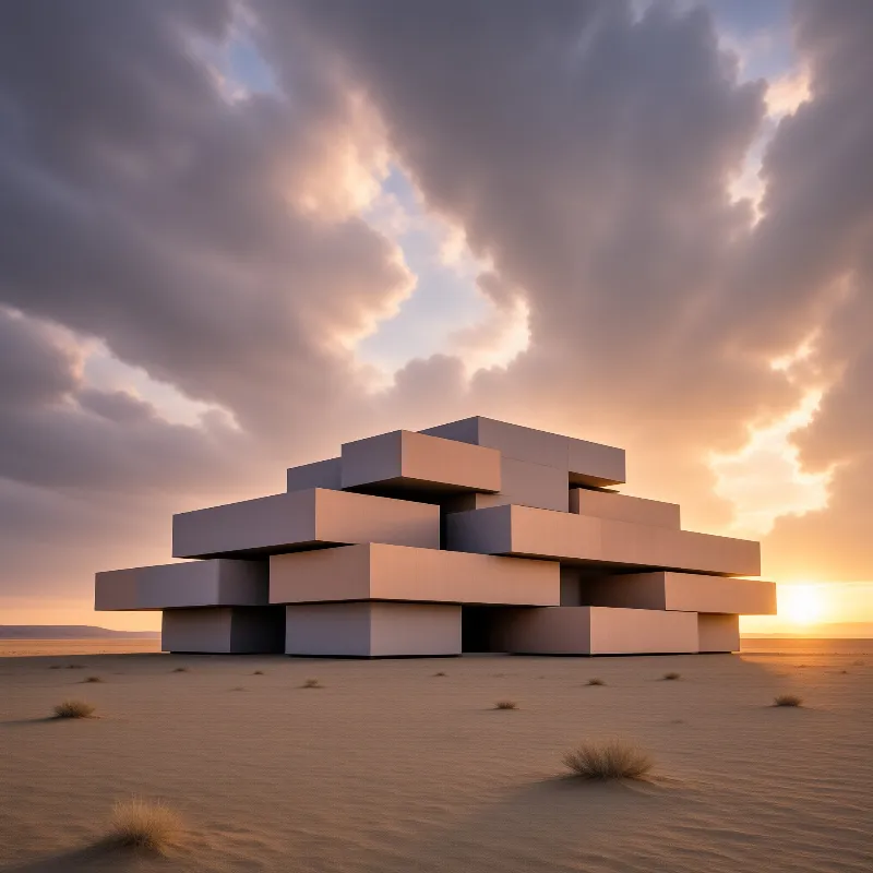 Interlocking rectangular volumes of grey concrete rest on bare sand as pastel clouds fill the evening sky.