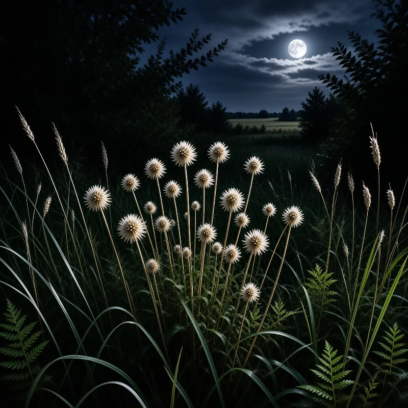 Spiky white seed balls glow against a dark meadow while the full moon shines through drifting night clouds