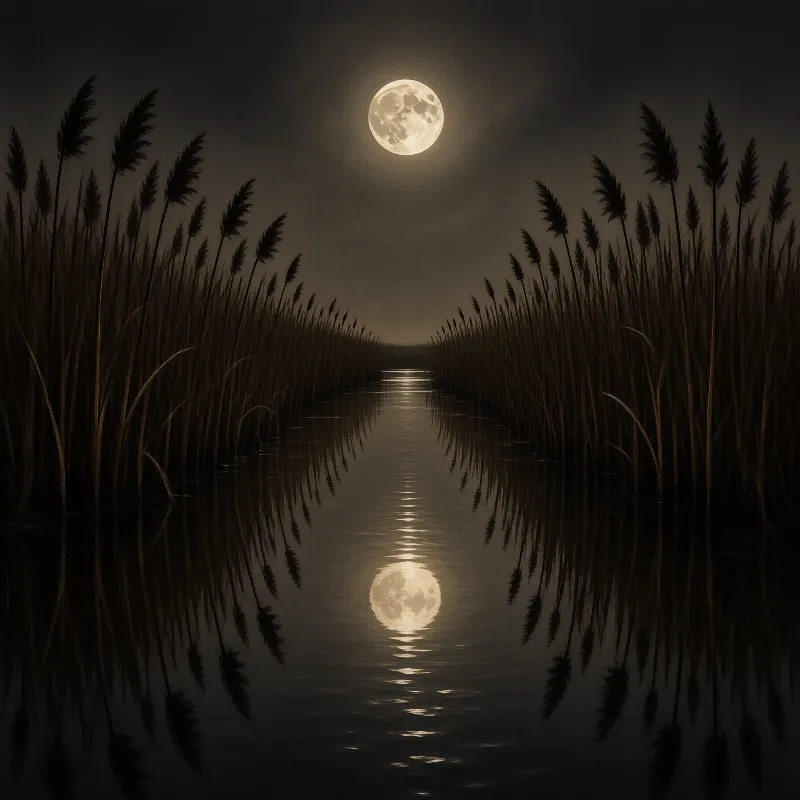 Dark tall reeds line both sides of a narrow waterway where the still surface mirrors the bright full moon in the dim sepia toned night sky.