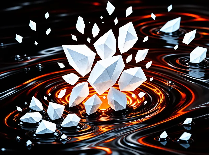 Faceted pale gemstones scatter across a dark liquid whose concentric ripples glow with streaks of orange fire.