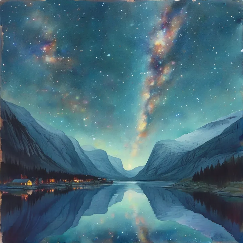 A tranquil lake reflects the brilliant starry sky and rugged mountains surrounding a tiny village.