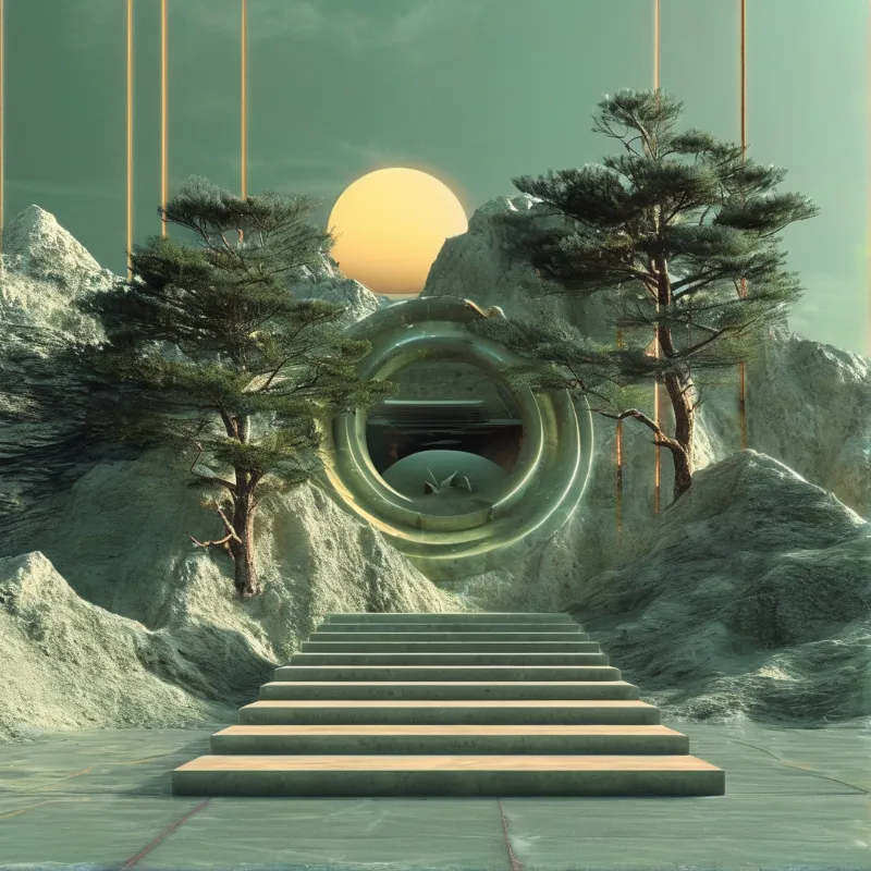A surreal scene with a large green circular tunnel set into rocky hills and stairs leading up to a bright sun.