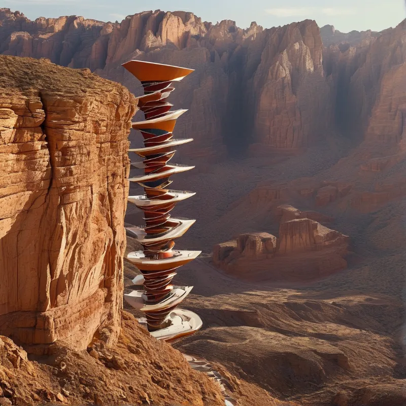 A slender white structure twists vertically against a massive red sandstone cliff in a sunlit desert canyon landscape.