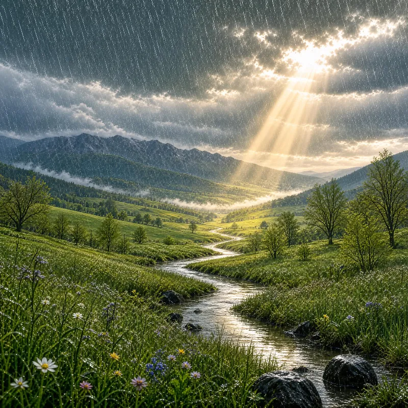 Rainy Valley with Sunlight