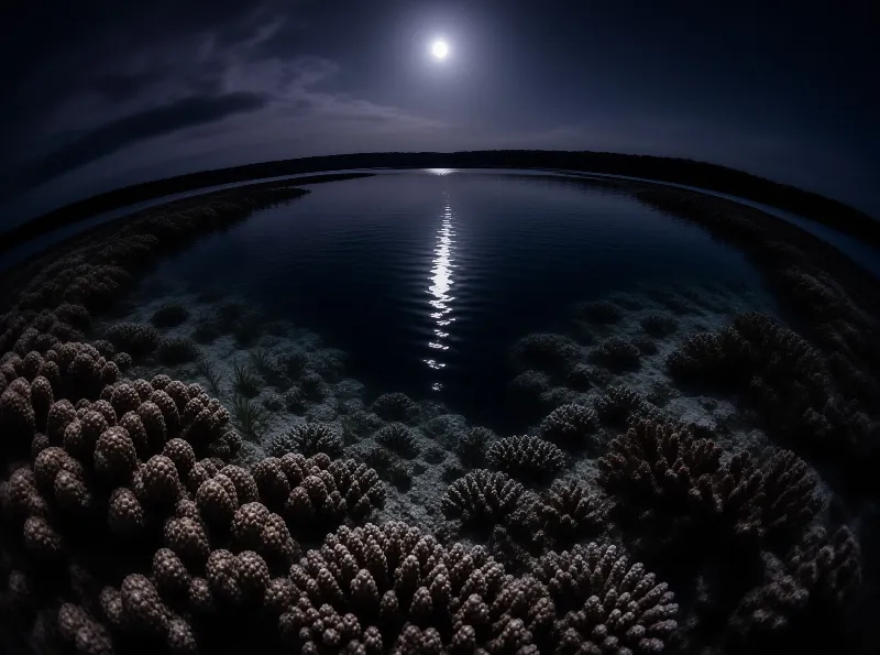 A round moon hangs low over a dark ocean lagoon, its silver path glimmering across rippled water between coral mounds.