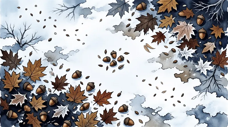 Brown maple leaves and acorns scatter around a white center with blue watercolor splotches and bare branches.