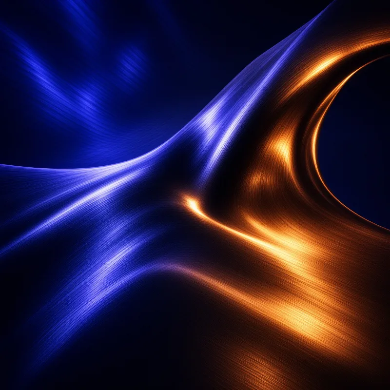Ribbons of electric blue and molten amber light sweep across a dark void in smooth flowing curves