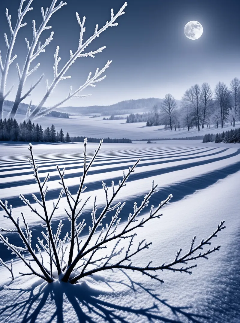 White frosted branches frame a snowy field under a bright full moon with pine trees in the distance.