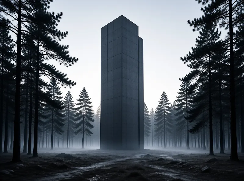 A massive dark rectangular pillar stands in a foggy pine forest with tall trees flanking the sides and soft dim light above.