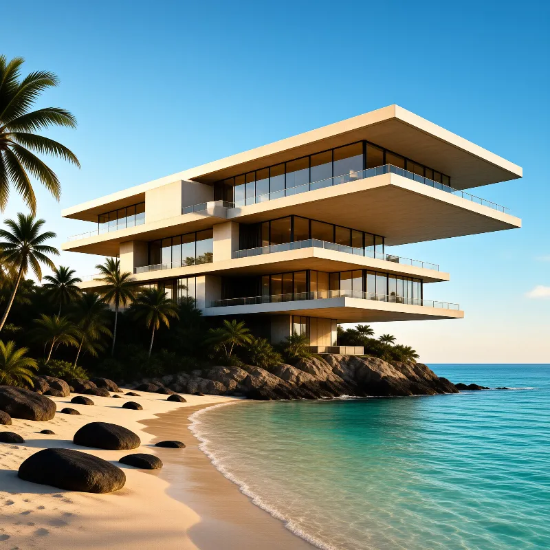 A sleek multi-story beach house with glass walls and concrete balconies overlooks a rocky shore and turquoise ocean.