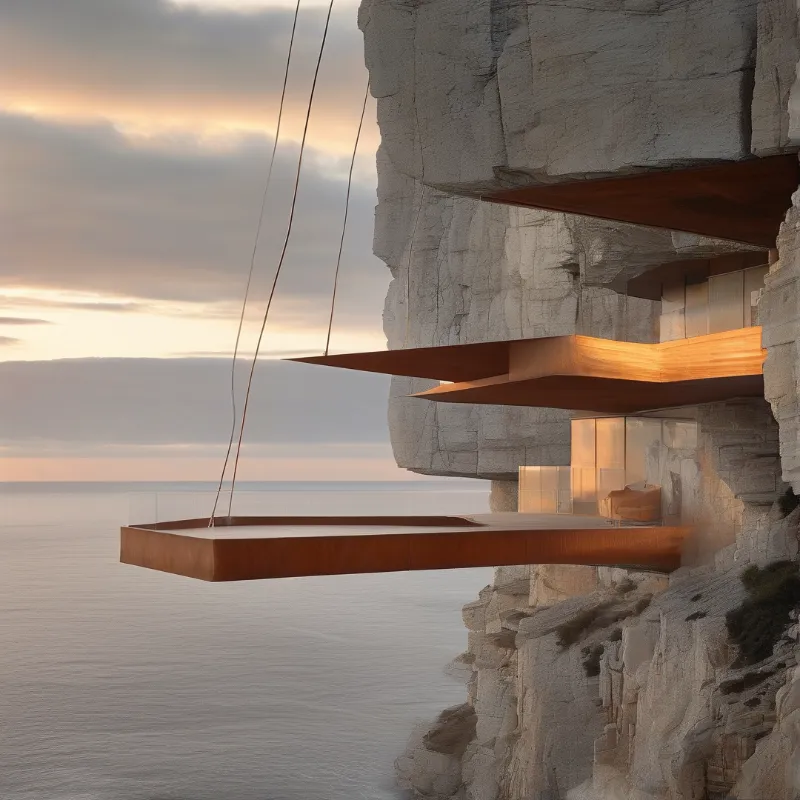A modern architectural structure featuring rust-colored cantilevers extends from a white rock cliff into the ocean air during the golden hour.