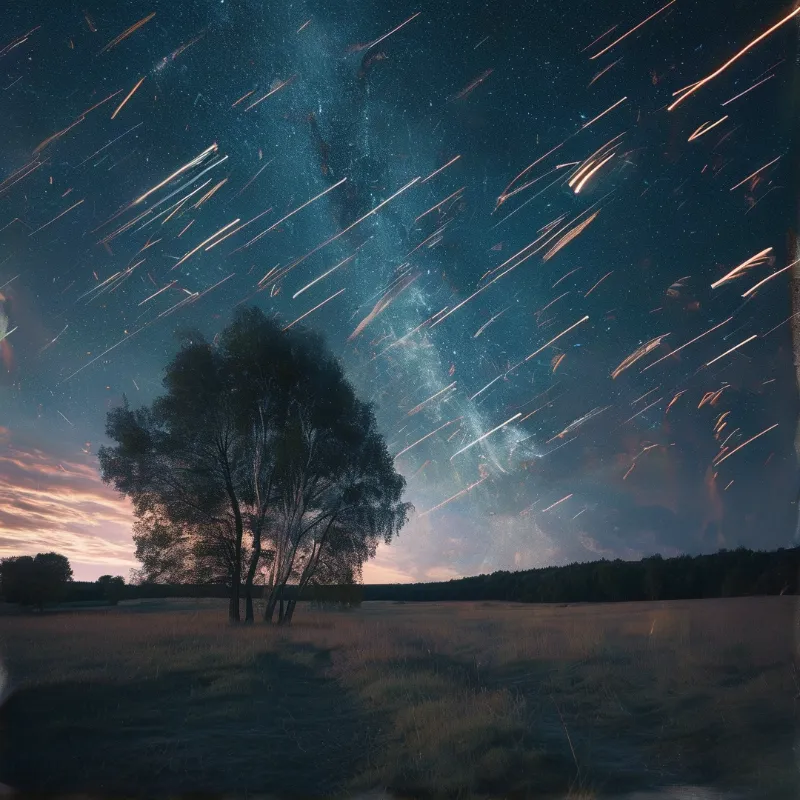 A large dark tree silhouettes against a sky filled with a dramatic stream of falling meteors.