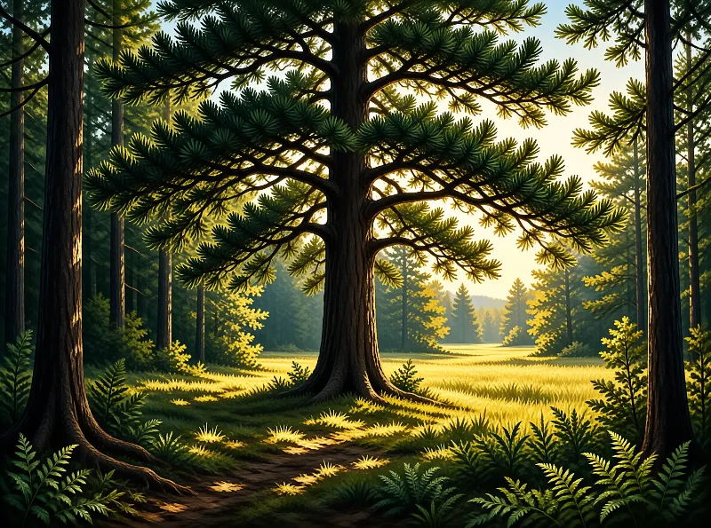 A broad conifer spreads its branches over a fern-filled clearing glowing with warm morning light.