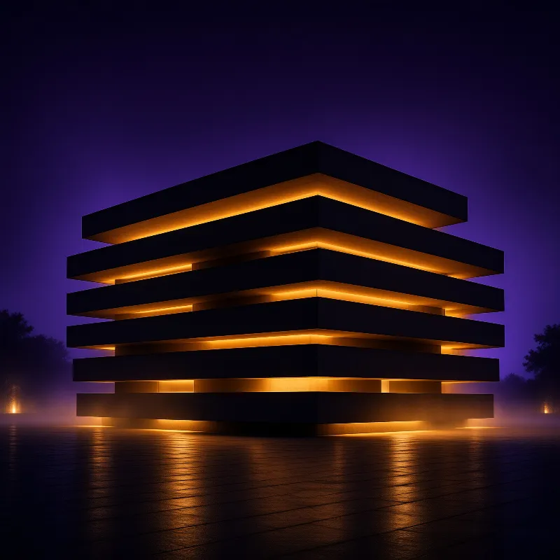 A multi-layered building illuminated by warm orange lights stands on wet pavement during a twilight hour.