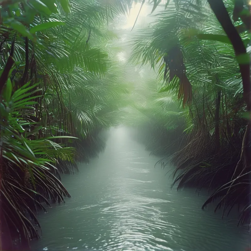 A calm waterway winds through a lush jungle where soft light filters through heavy mist and palm fronds.