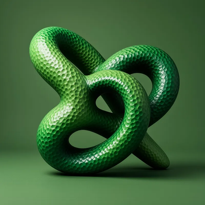 A twisted green object with a scaly texture loops around itself against a matching green backdrop.