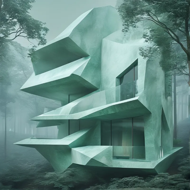 A sharp angular building with glass balconies stands in a foggy green forest.