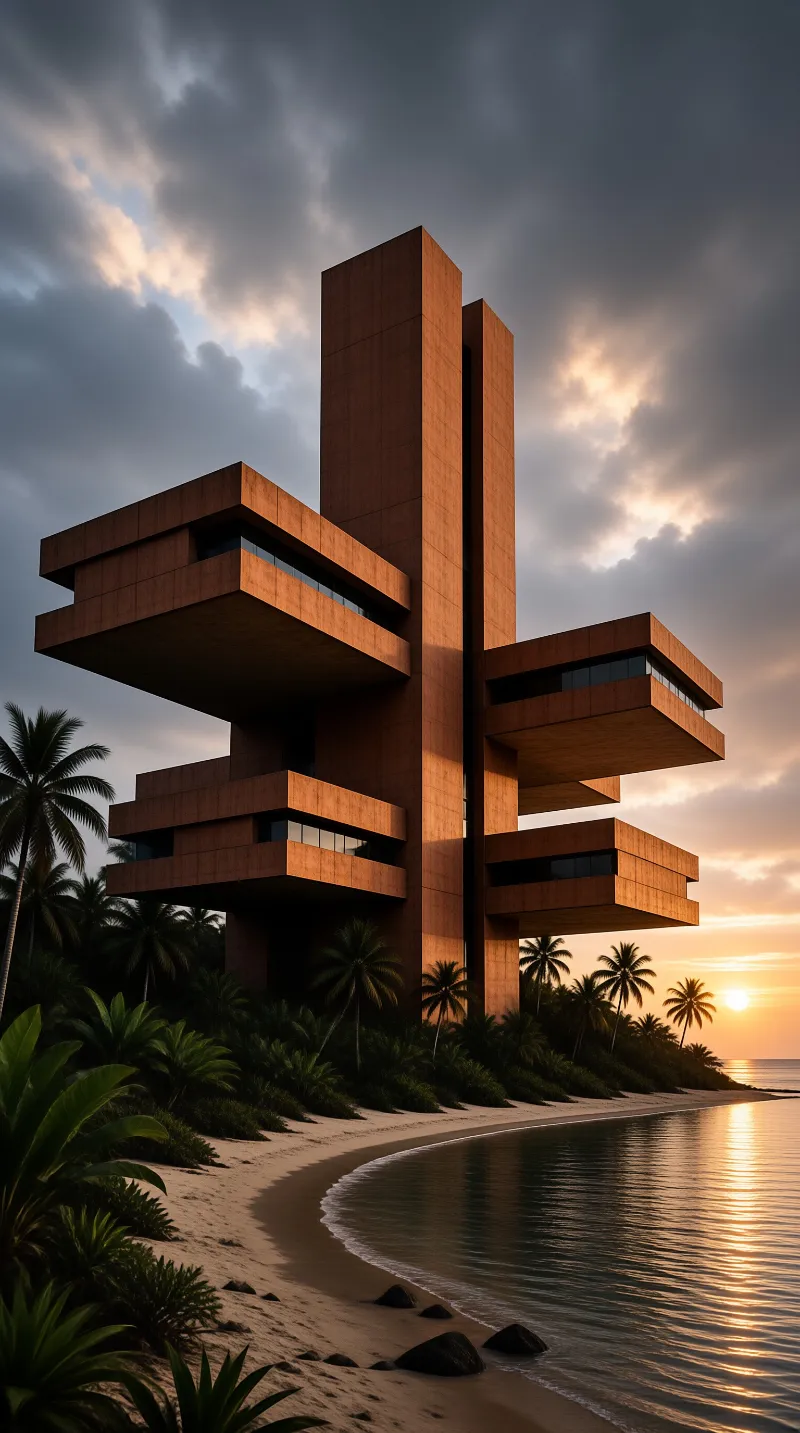 Stacked concrete balconies rise above palm trees and a curving beach at sunset.