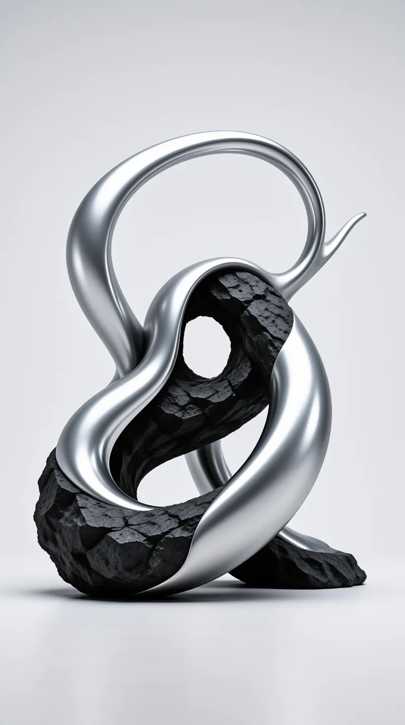 A polished metal band loops around a jagged chunk of black rock in a bright studio setting.