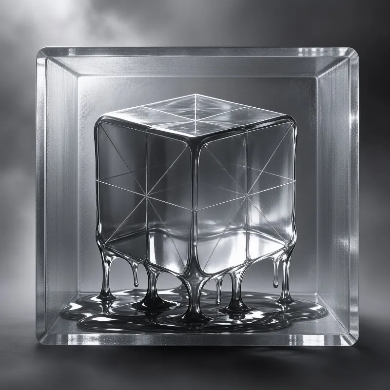 A clear geometric cube melts into a liquid puddle while contained within a larger transparent square box.