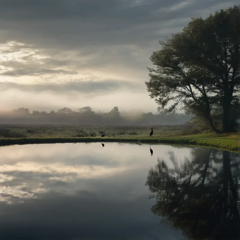 A calm water surface reflects a large tree and two dark birds while fog rolls across the distant grassy shoreline.